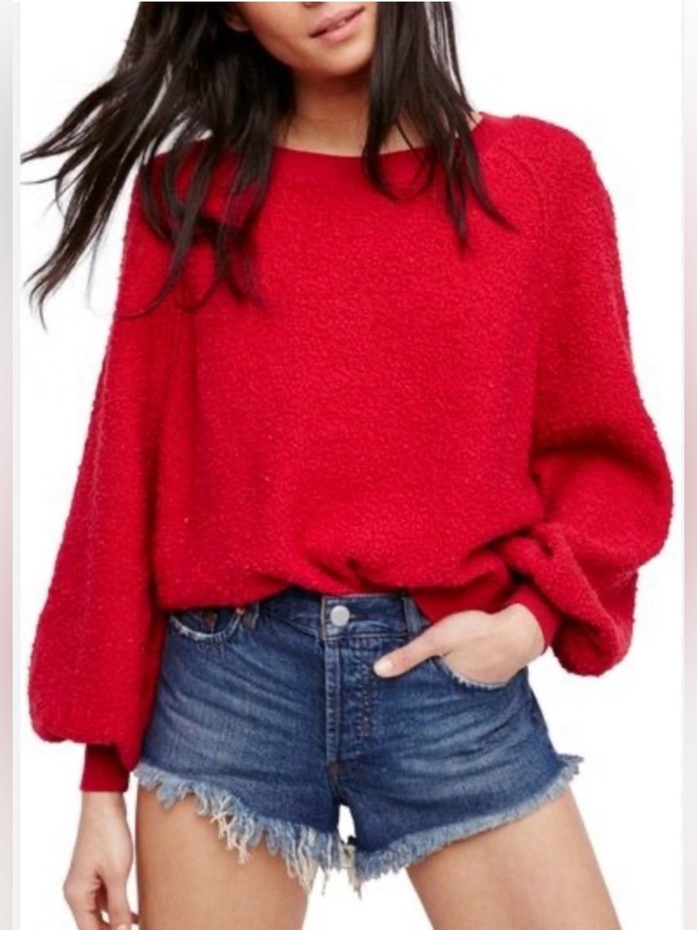 Free People Found My Friend Red Nubby Bouclé Crewneck Pullover Oversized Sweater